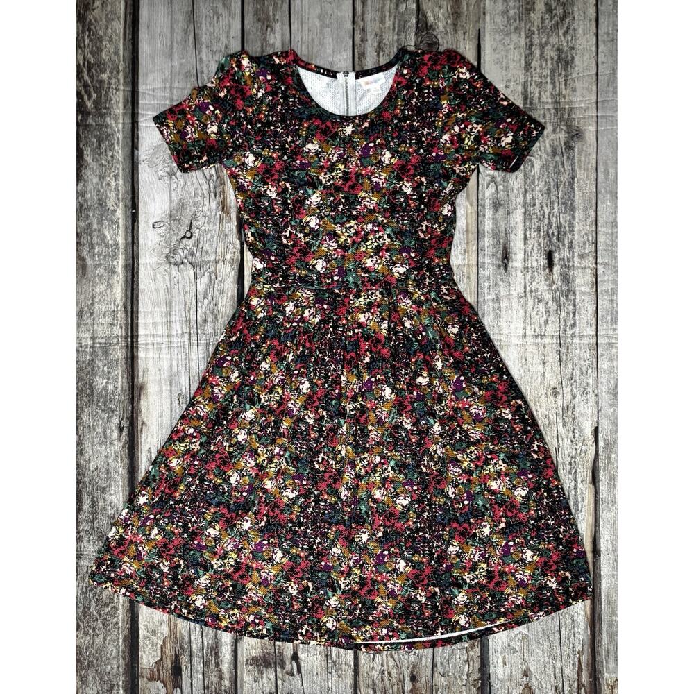 Lularoe Amelia Pleated Dress Womens Size Small Floral Back Zip + Pockets